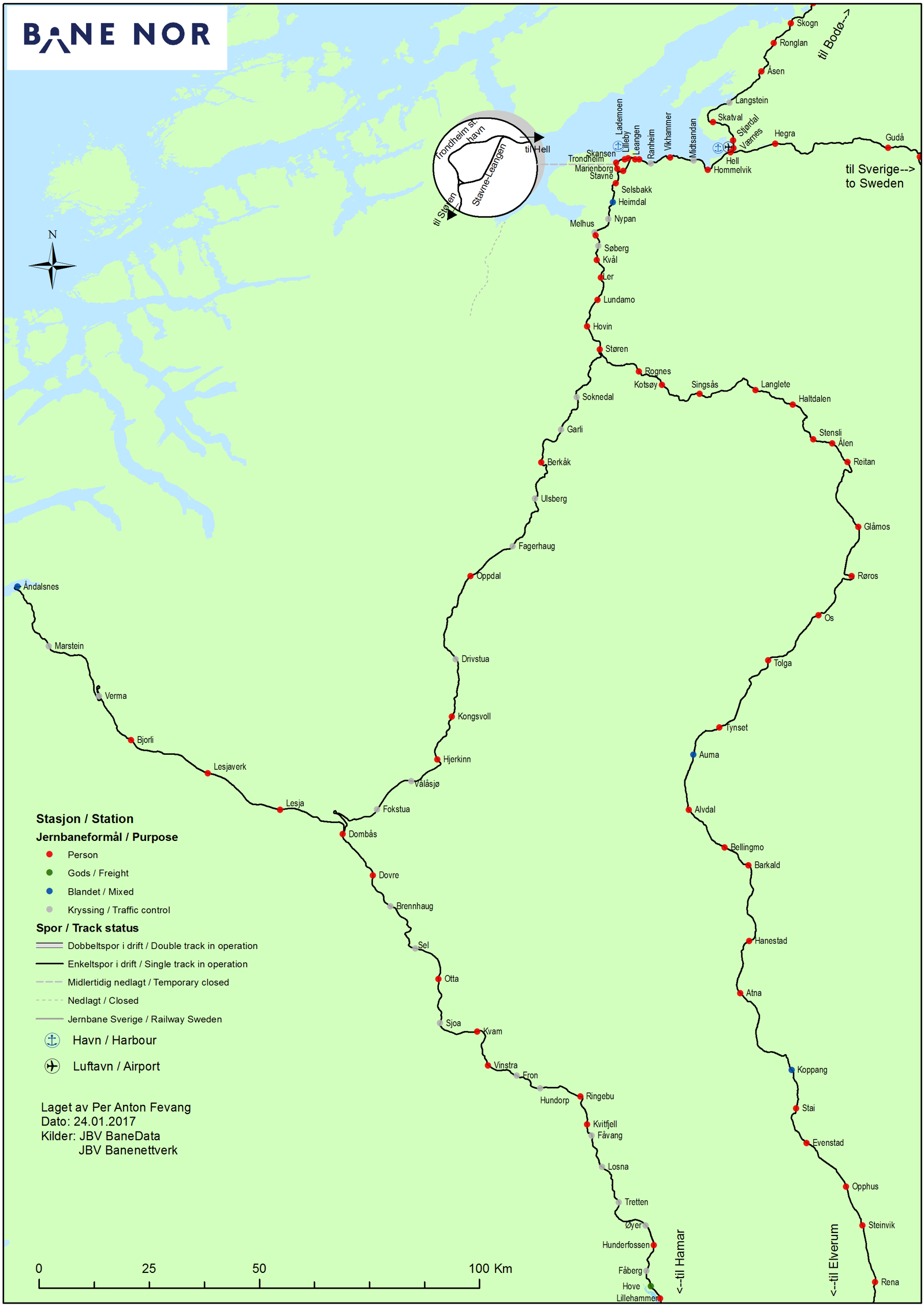 Kart over Dovrebanen, Raumabanen og Rørosbanen